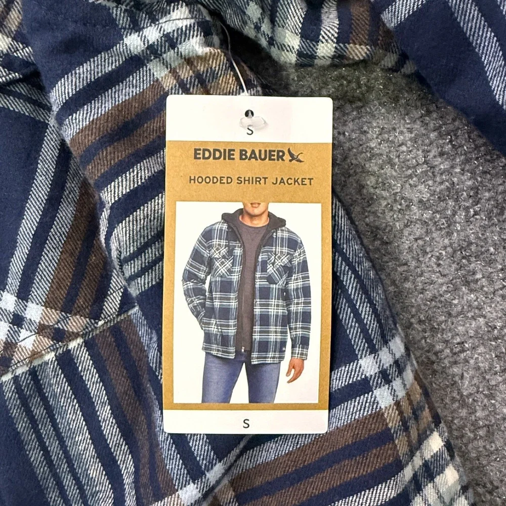 Eddie Bauer Hooded Shirt Jacket Mens S‎ Plaid Flannel Quilted Snap Shacket NWT